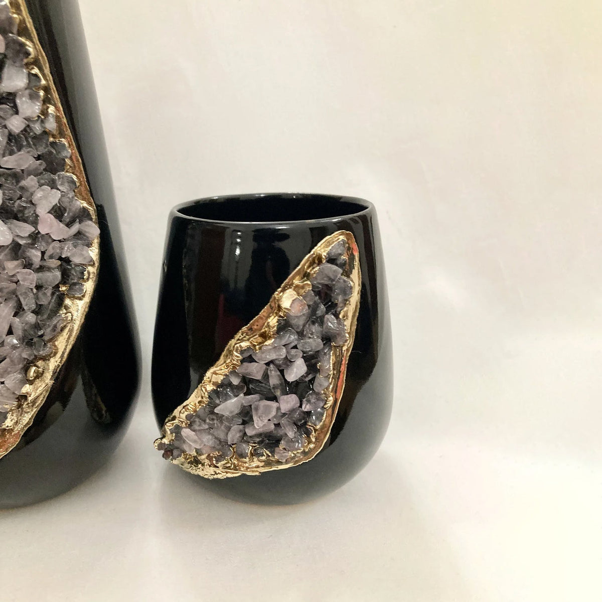 Set of two black ceramic vases with agate crystals product image 2