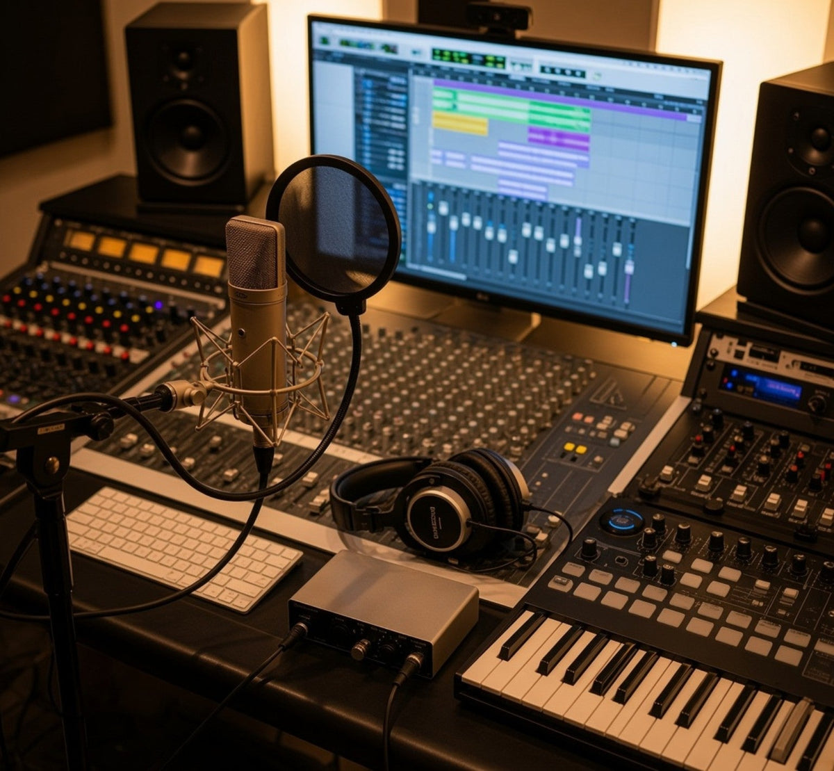 Professional music recording studio in Johannesburg with microphone, mixing console and studio monitors