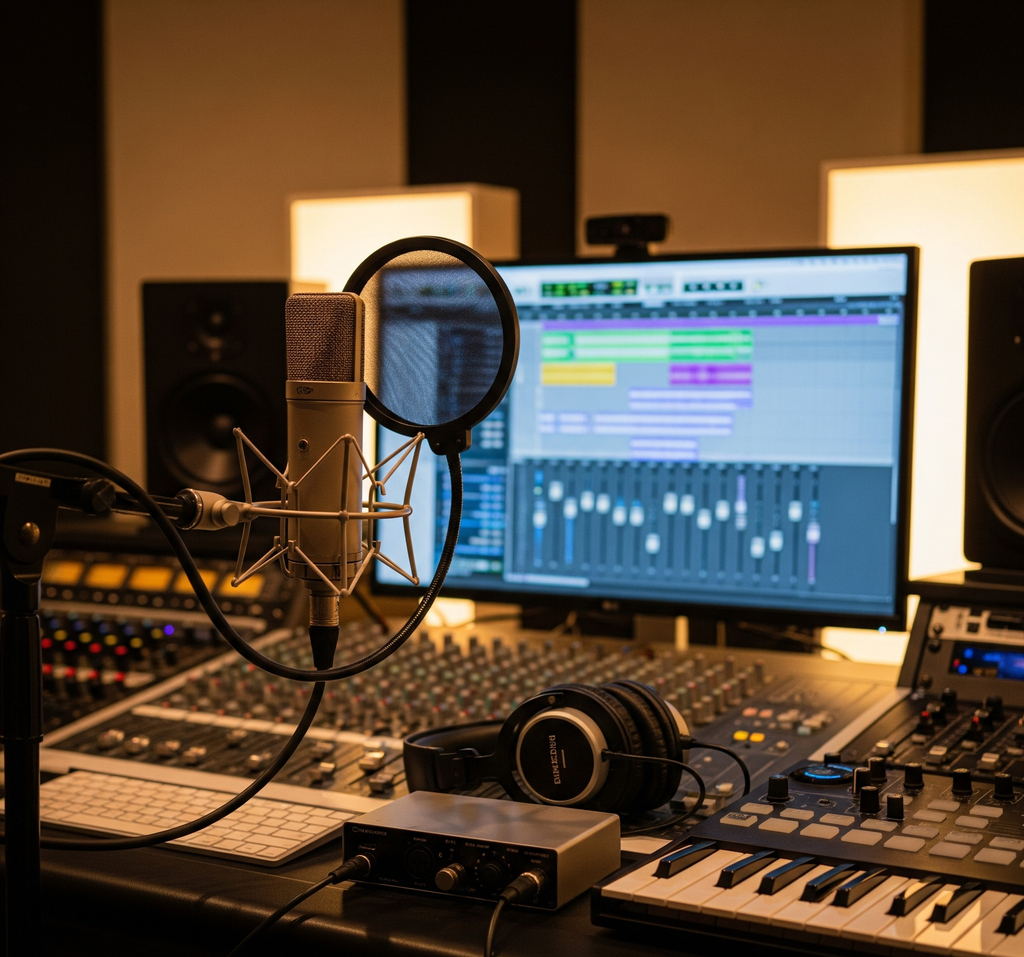 Professional recording studio microphone and mixing console